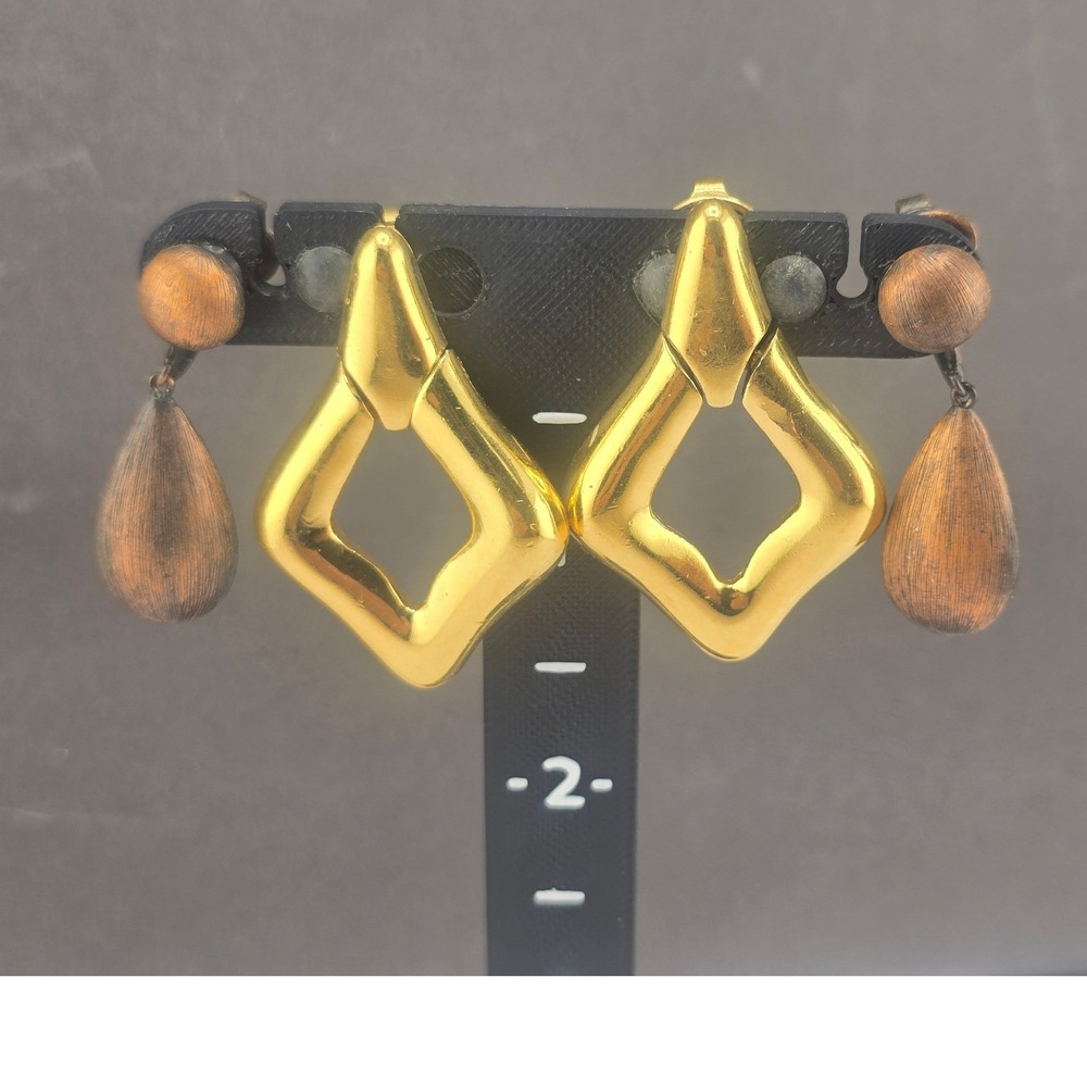 Vintage Trifari Earrings Lot  Copper Geometric Diamond Teardrop Clip On Set
